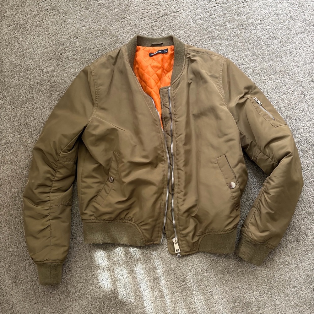 Stradivarius Olive Bomber Jacket with Orange Lining